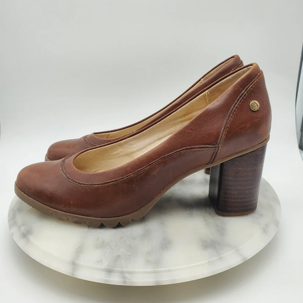 Hush Puppies‎ Spaniel Pump Dachshund Brown Leather Block Heel Comfort Shoes 8.5